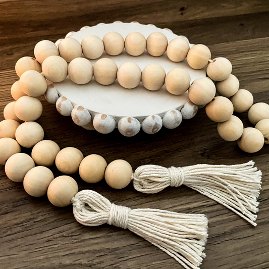 Wood Bead Garland/White Tassel - Home Scape Plus