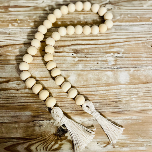 Wood Bead Garland/White Tassel - Home Scape Plus